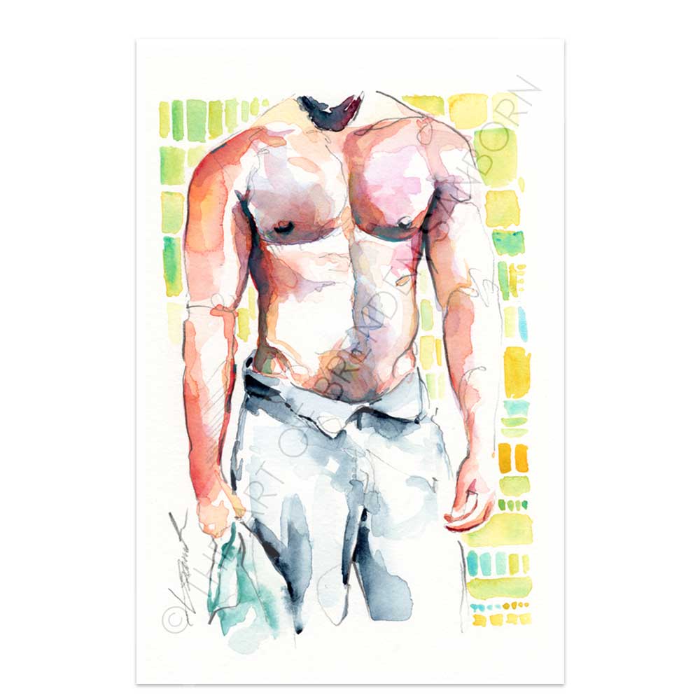 Hairy Chest with Blue Jeans - Original Watercolor Painting