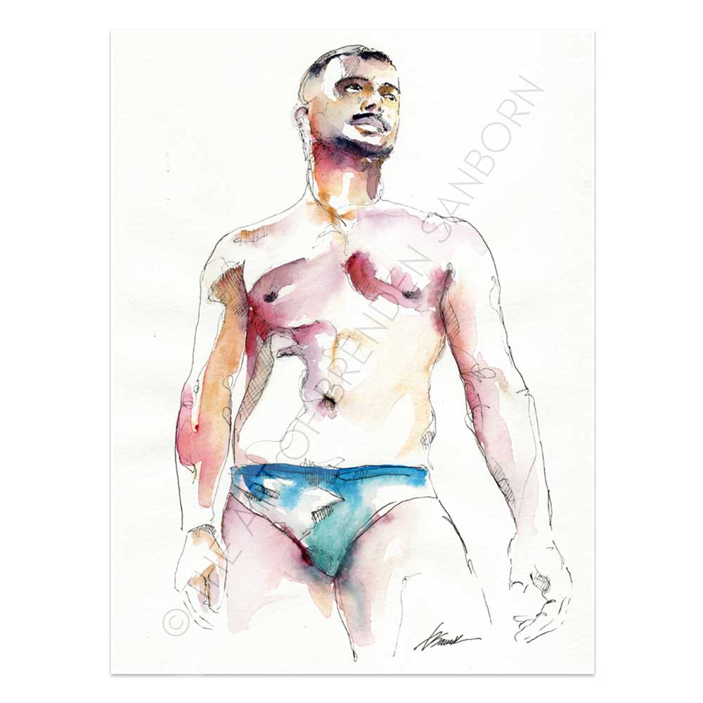 Slim Male Figure Looking to the Right in His Speedo - Original Watercolor Painting