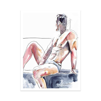 Man in Underwear Sitting in Window - Ink and Watercolor - Giclee Art Print