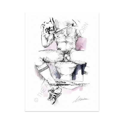 Tranquil Male Nude Painting: Watercolor and Ink Depiction of a Man Reading in the Bathroom - Full Nude - Giclee Art Print