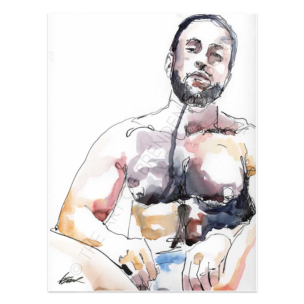 Drip-Style Hairy Chested Man Sitting on Floor - Original Watercolor Painting