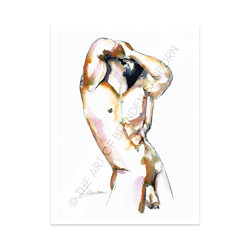 Full Male Nude in Pose - Ink and Watercolor - Giclee Art Print