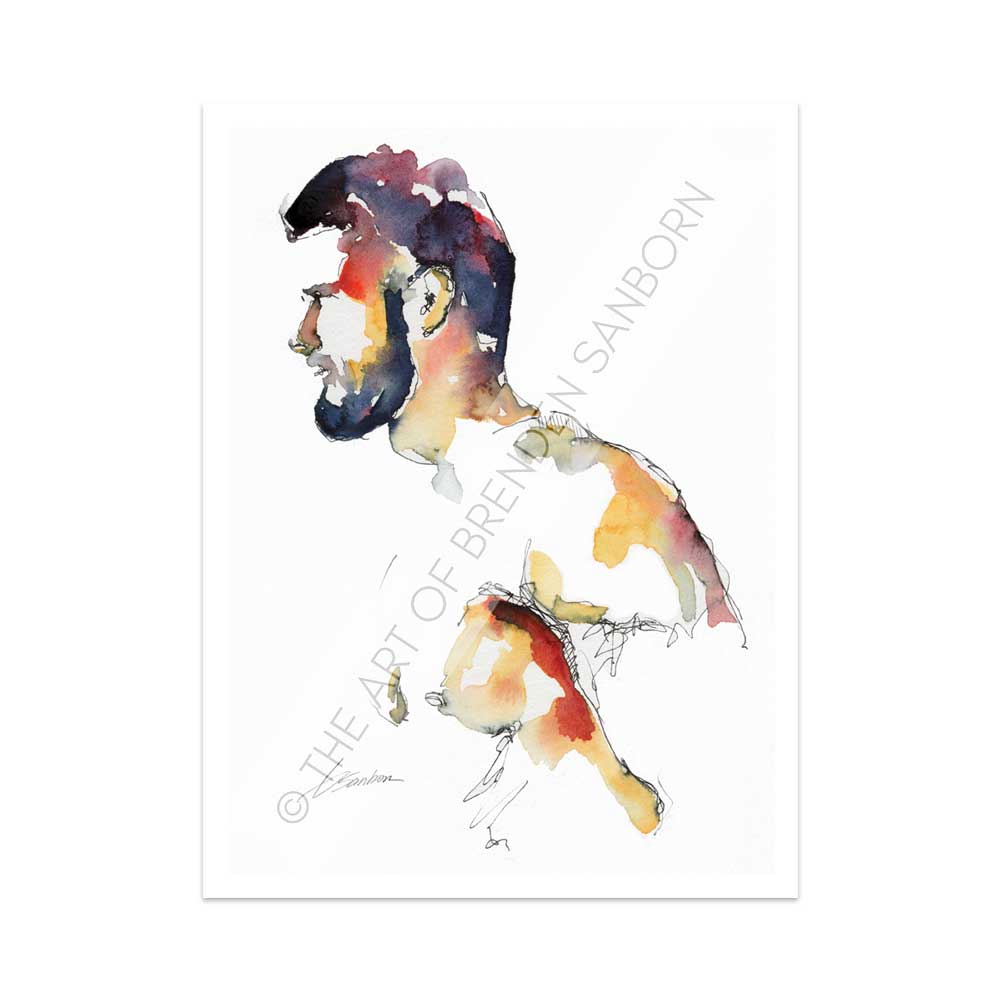 Handsome Bearded Man - Ink and Watercolor - Giclee Art Print