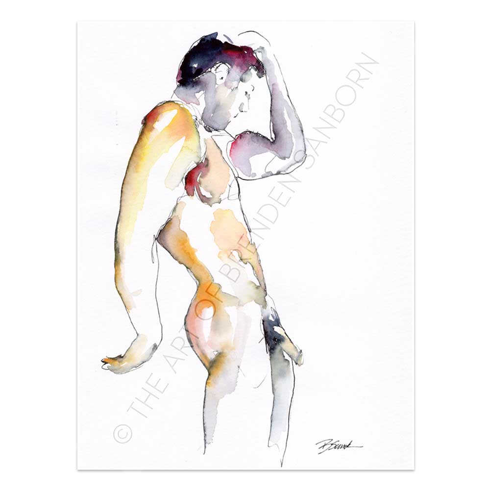 Full Nude Male Leaning Against the Wall - Original Watercolor Painting