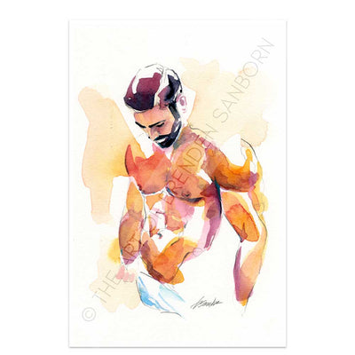Pensive Shirtless Man with Full Beard - Original Watercolor Painting Artist Brenden Sanborn